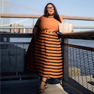 WHO WHAT WEAR Orange Black Striped MIDI Skirt 4